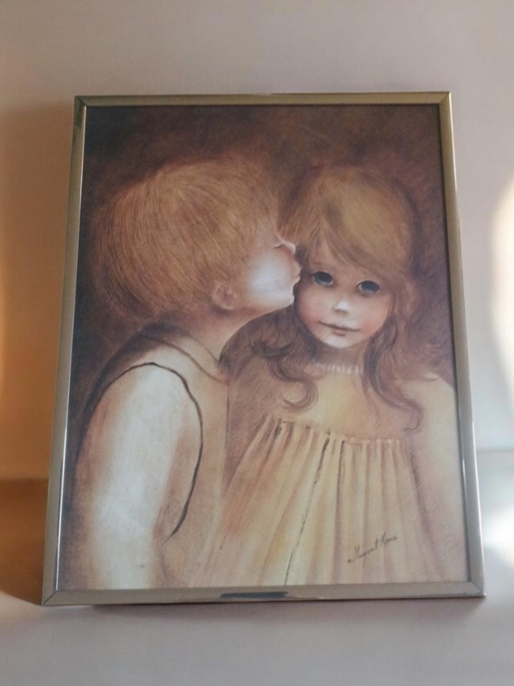 Vintage "Little Kiss" Margaret Kane - Boy Girl "Big Eyes"  Frame 11x14